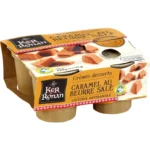 Nous pouvons voir un pack de crème dessert au caramel. Le packaging est couleur camel avec des image de morceaux de caramel.